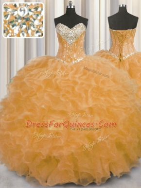 Orange Sleeveless Beading and Ruffles Floor Length Ball Gown Prom Dress