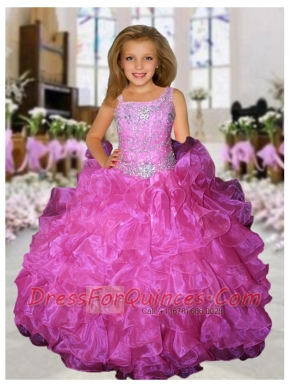 2014 Straps Ball Gown Beading Fuchsia Little Girl Pageant Dress with Ruffles