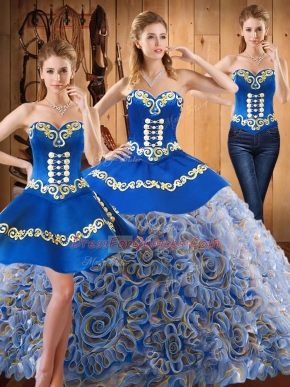 Multi-color Strapless Lace Up Embroidery Quince Ball Gowns Sweep Train Sleeveless