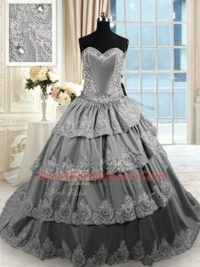 Popular Grey Ball Gowns Taffeta Sweetheart Sleeveless Beading and Appliques and Ruffled Layers With Train Lace Up Quinceanera Dresses Court Train