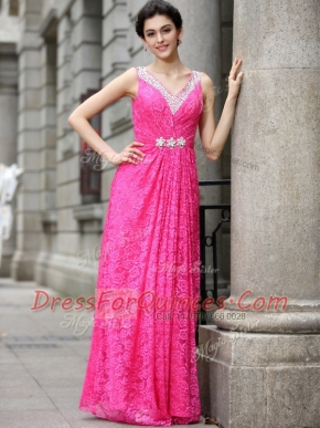 Hot Pink Lace Zipper Prom Gown Sleeveless Floor Length Beading and Lace