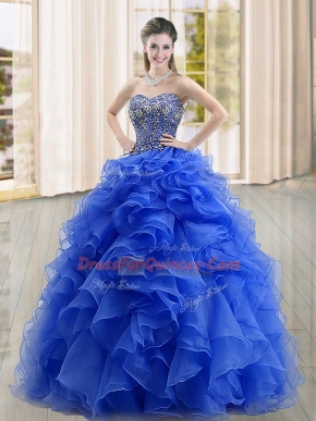 Blue Sleeveless Floor Length Beading and Ruffles Lace Up Quinceanera Dresses