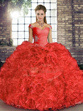 Coral Red Off The Shoulder Neckline Beading and Ruffles Quinceanera Dresses Sleeveless Lace Up