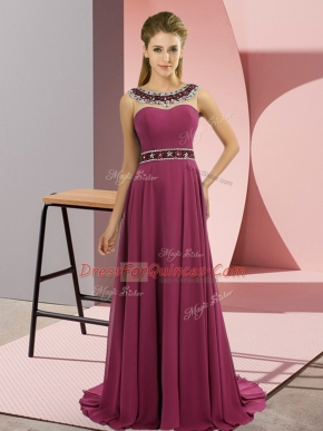 Zipper Prom Dress Fuchsia for Prom and Party with Beading Brush Train