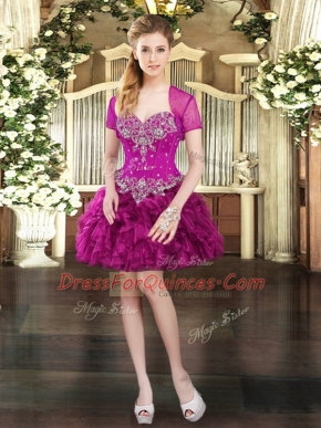 Mini Length Fuchsia Juniors Party Dress Organza Sleeveless Beading and Ruffles