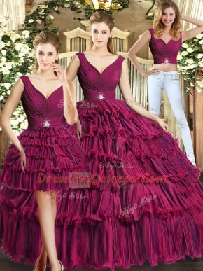 V-neck Sleeveless Sweet 16 Quinceanera Dress Floor Length Ruffled Layers Burgundy Organza