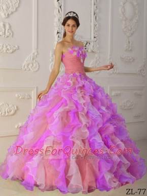 Elegant Multi-Color Ball Gown Strapless Organza Hand Flowers and Ruffles Quinceanera Dress