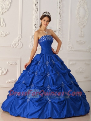 Discount Quinceanera Dress In Dark Blue Ball Gown Strapless WithTaffeta Appliques and Beading