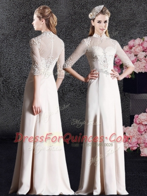Champagne High-neck Zipper Lace Prom Dresses Half Sleeves