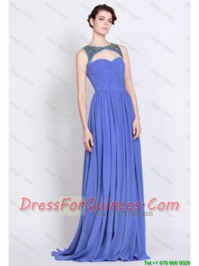 Pretty Bateau Zipper Up Blue Prom Dresses with Brush Train