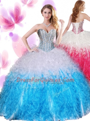 Designer Sweetheart Sleeveless Lace Up Quinceanera Gowns Blue And White Organza