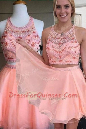 Most Popular Scoop Sleeveless Backless Mini Length Beading Dress for Prom