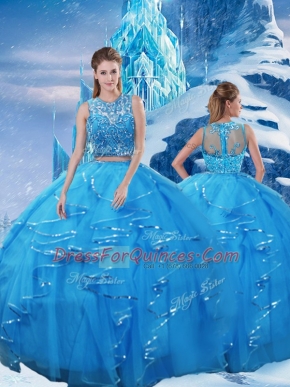 Beading and Ruffles Quinceanera Gown Baby Blue Zipper Sleeveless Floor Length