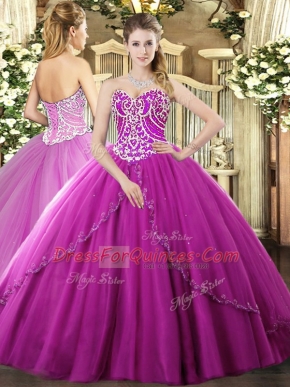 Fuchsia Sleeveless Brush Train Beading Sweet 16 Dresses