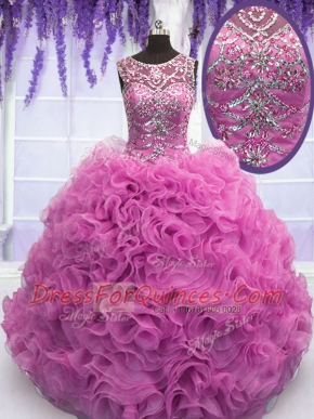 Wonderful Lilac Scoop Lace Up Beading and Ruffles Sweet 16 Dress Sleeveless