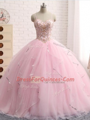 Beading and Ruffles 15 Quinceanera Dress Baby Pink Lace Up Sleeveless Brush Train