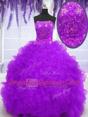 Eggplant Purple Organza Lace Up Strapless Sleeveless With Train Sweet 16 Dresses Brush Train Beading and Appliques and Ruffles