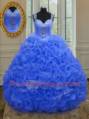 Royal Blue Zipper Straps Beading and Ruffles Quinceanera Dresses Organza Sleeveless