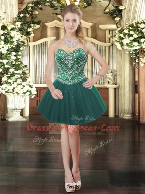 Sumptuous Dark Green Lace Up Sweetheart Beading Party Dress for Toddlers Tulle Sleeveless
