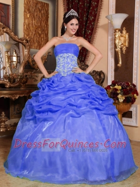 Blue Beading Organza Appliques and Pick Ups Strapless Ball Gown Dress