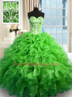 Organza Lace Up Sweetheart Sleeveless Floor Length Quinceanera Gowns Beading and Ruffles