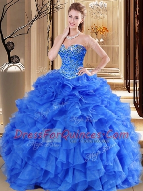 Cute Royal Blue Ball Gowns Tulle Sweetheart Sleeveless Beading and Ruffles Floor Length Lace Up Quinceanera Dress