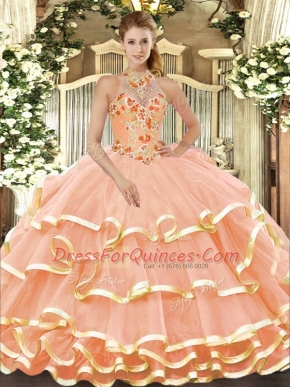 Peach Sleeveless Beading and Embroidery Floor Length 15th Birthday Dress