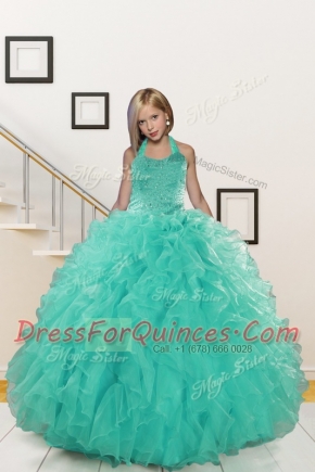 Great Halter Top Beading and Ruffles Girls Pageant Dresses Turquoise Lace Up Sleeveless Floor Length