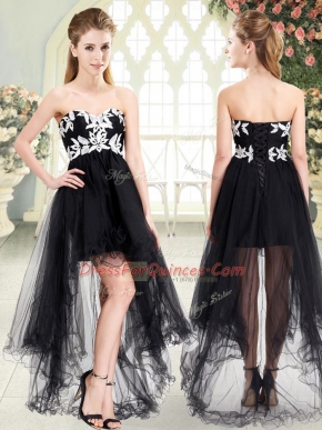 Traditional Black Sleeveless High Low Appliques Lace Up Dress for Prom