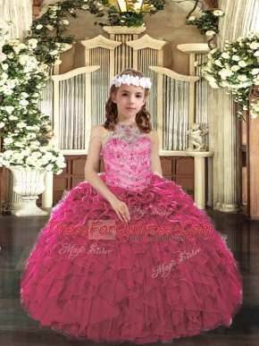 Hot Pink Halter Top Lace Up Beading and Ruffles Little Girls Pageant Dress Wholesale Sleeveless
