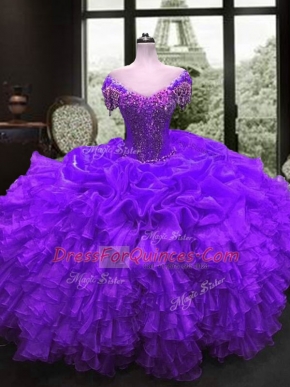Clearance Organza Cap Sleeves Floor Length Vestidos de Quinceanera and Beading and Ruffles