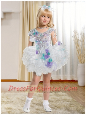Beautiful Ball Gown Asymmetrical Mini-length Beading White Little Girl Dress