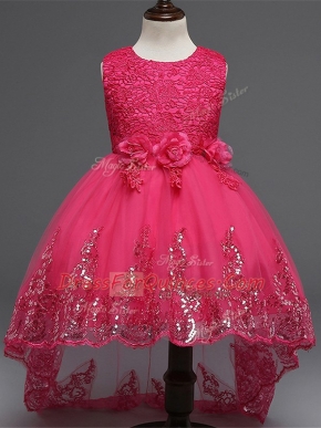 Excellent Hot Pink Child Pageant Dress Wedding Party with Lace and Appliques and Bowknot and Hand Made Flower Scoop Sleeveless Zipper