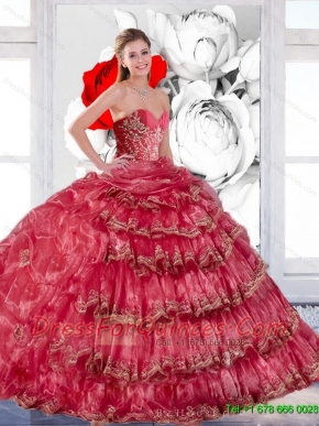 2015 Wholesale Appliques and Ruffles Quinceanera Dress in Coral Red