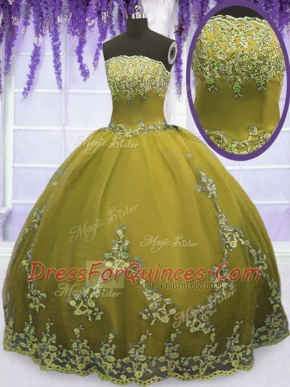 Modern Floor Length Zipper Quince Ball Gowns Olive Green for Military Ball and Sweet 16 and Quinceanera with Appliques