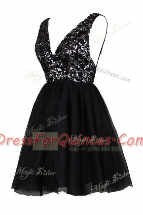 Sequins Prom Party Dress Black Backless Sleeveless Knee Length