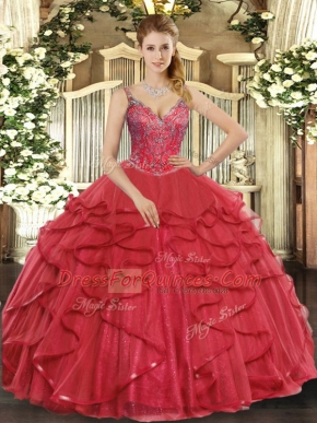 Exceptional Wine Red Ball Gown Prom Dress Military Ball and Sweet 16 and Quinceanera with Beading and Ruffles V-neck Sleeveless Lace Up