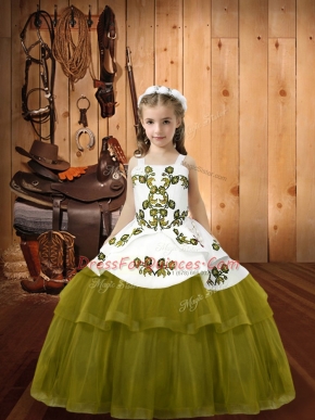 Great Ball Gowns Child Pageant Dress Olive Green Straps Tulle Sleeveless Floor Length Lace Up