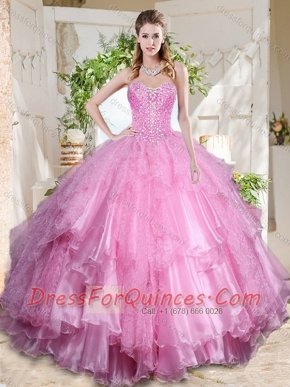 Popular Rose Pink Really Puffy Quinceanera Dress with Beading and Ruffles Layers