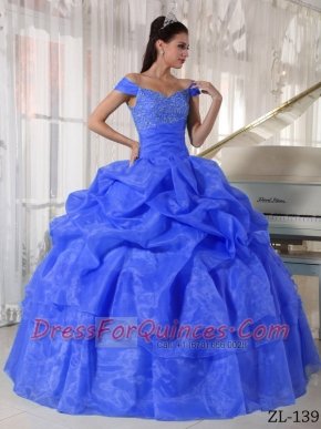 Classical Quinceanera Dresses In Blue Ball Gown Off The Shoulder With Taffeta and Organza Beading