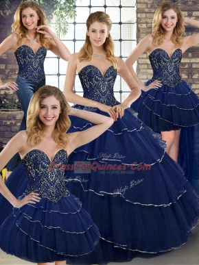 Enchanting Navy Blue Sleeveless Brush Train Beading and Ruffled Layers Sweet 16 Dresses