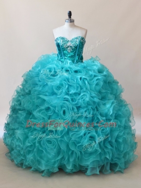 Aqua Blue Fabric With Rolling Flowers Sweetheart Sleeveless Floor Length Sweet 16 Dresses Ruffles and Sequins
