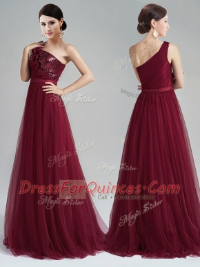 Perfect Burgundy Zipper One Shoulder Appliques and Sequins and Belt Prom Dresses Tulle Sleeveless Brush Train
