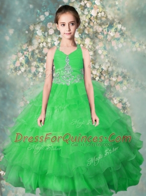 Halter Top Ruffled Green Sleeveless Organza Zipper Girls Pageant Dresses for Party and Wedding Party