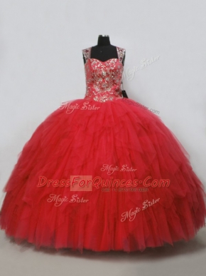 Red Lace Up Straps Beading and Ruffles Quinceanera Gown Tulle Sleeveless
