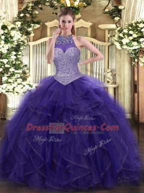 Fashionable Purple Sleeveless Tulle Lace Up Ball Gown Prom Dress for Military Ball and Sweet 16 and Quinceanera