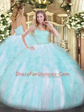 Stylish Aqua Blue Tulle Zipper Straps Sleeveless Floor Length Quince Ball Gowns Beading and Ruffles