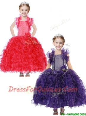 Inexpensive Straps Little Girl Pageant Dress with Hand Made Flowers and Ruffles
