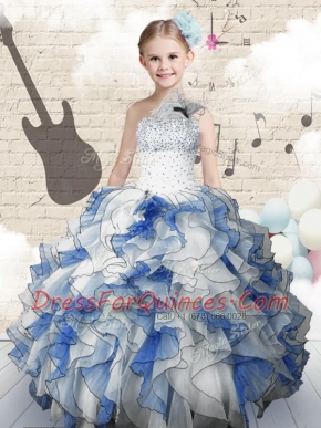 One Shoulder Blue And White Sleeveless Organza Lace Up Little Girl Pageant Gowns for Party and Wedding Party