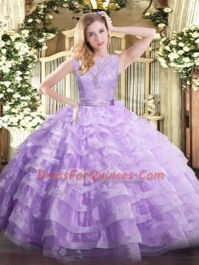 Suitable Lavender Scoop Neckline Lace and Ruffled Layers Quince Ball Gowns Sleeveless Backless